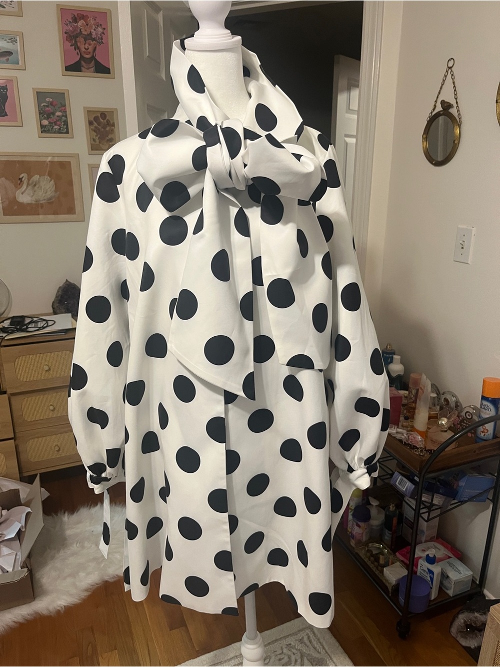White Long-Sleeve coat with Black Polka Dots and Bow Neck
